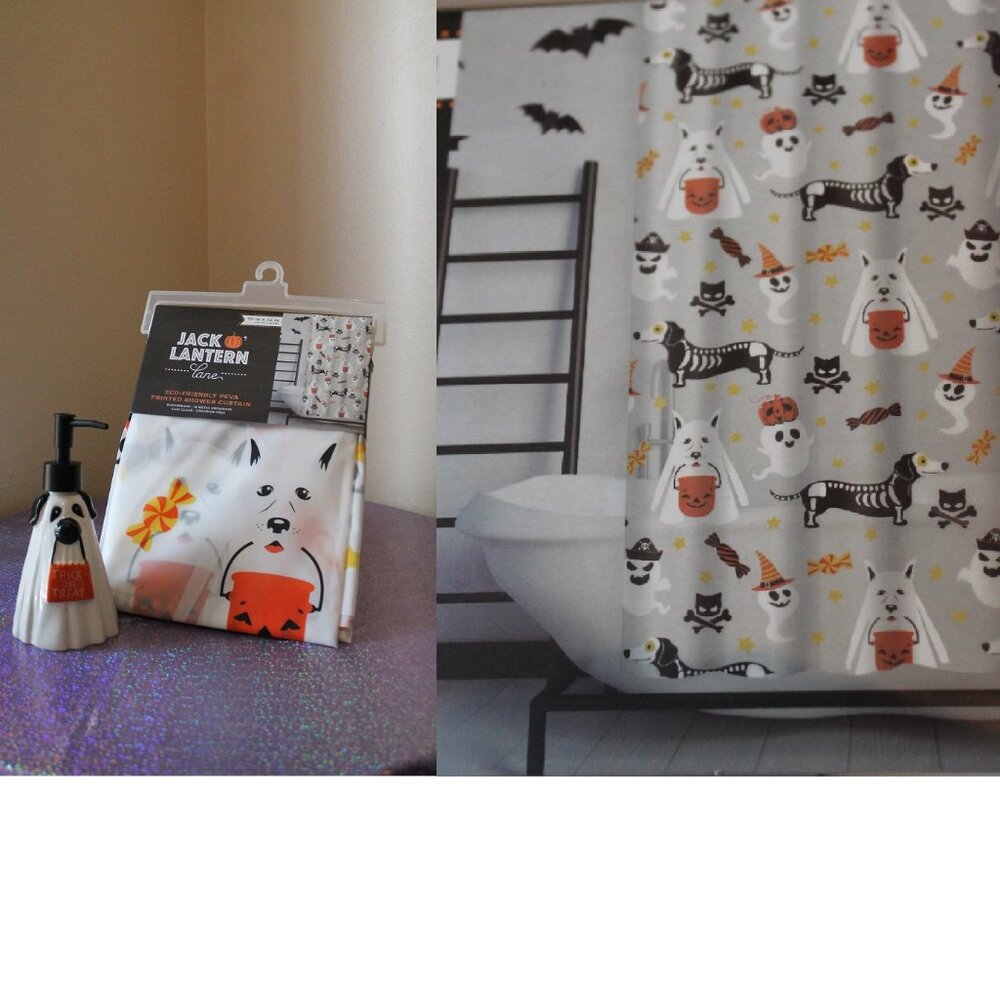 Halloween Ghost Dog Shower Curtain/Soap Dispenser Set Jack O' Lantern Lane NWT